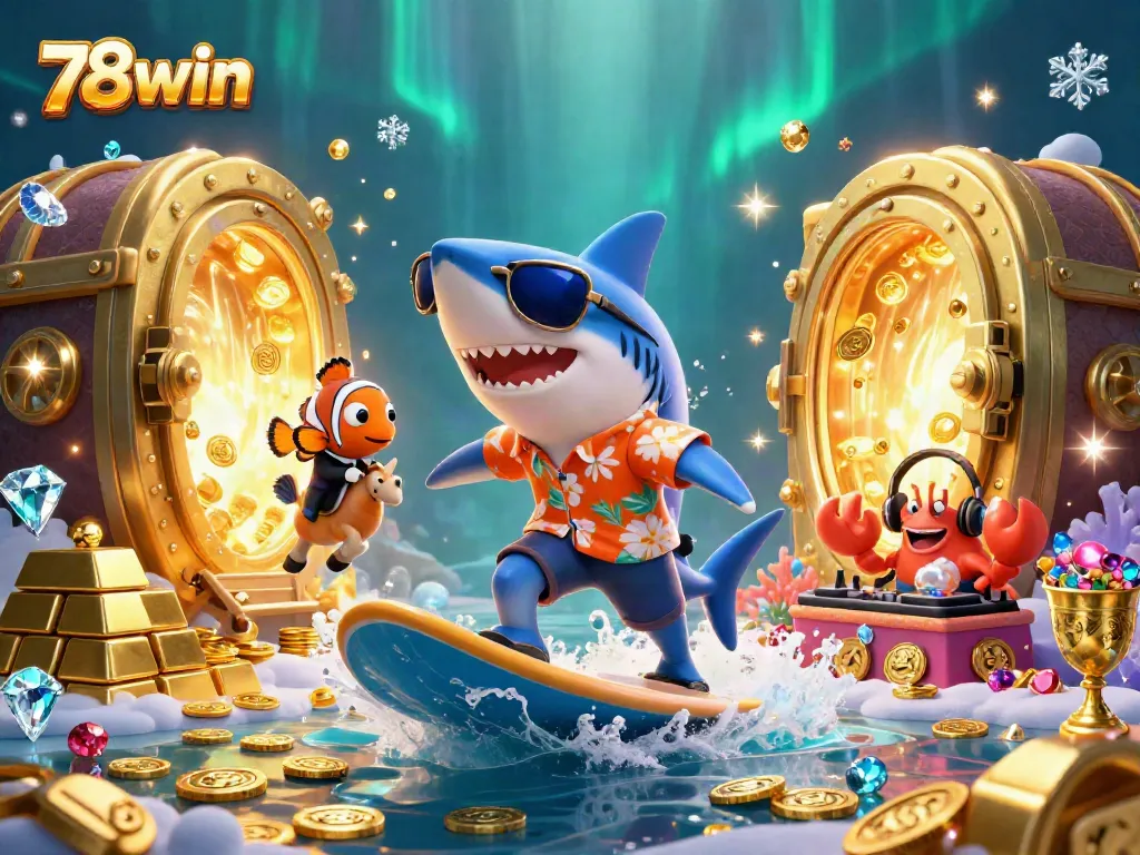 Surf the wave of gold coins at 78win with a shark, clownfish, and crab DJ.