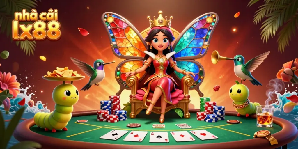 Engage with the vibrant atmosphere of nhà cái lx88, featuring a captivating butterfly queen in a lively casino setting.