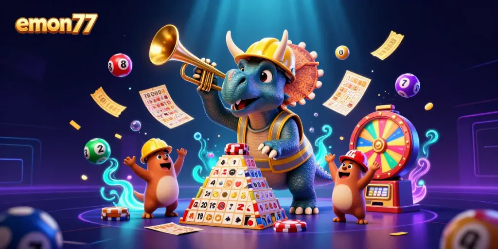 Experience gaming excitement with emon77 through a vibrant, dynamic illustration featuring lively casino elements.