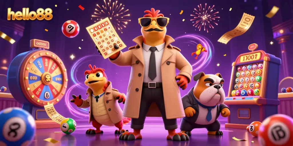 Experience excitement as hello88's tropical raptors attempt to enter a VIP casino lounge in this vibrant illustration.