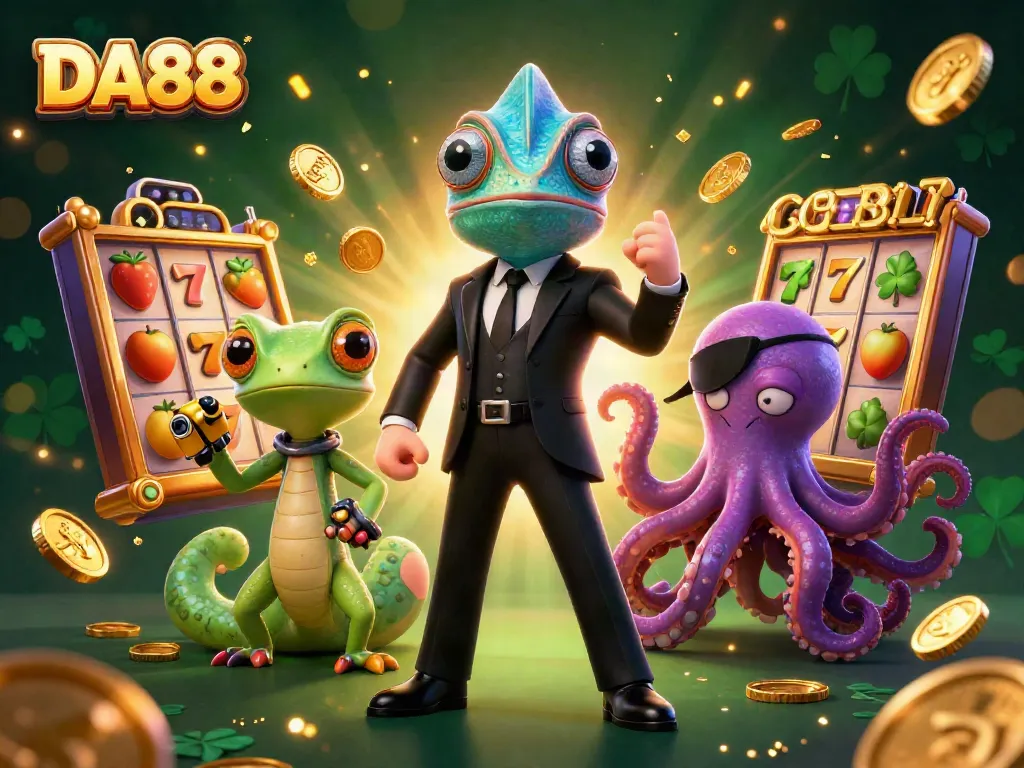 Engage in DA88 casino excitement with vibrant slot reels, golden tokens, and colorful characters.