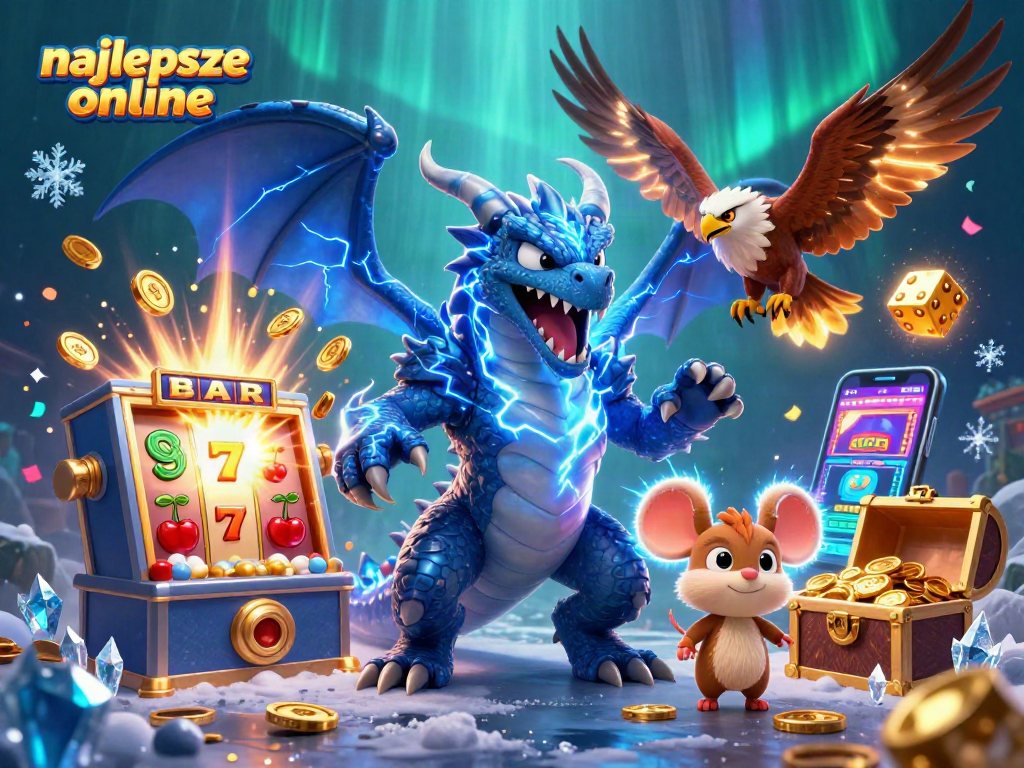 Ignite excitement at the najlepsze kasyno online with dynamic 3D casino-themed illustration featuring a thunder dragon and vibrant slot machine.