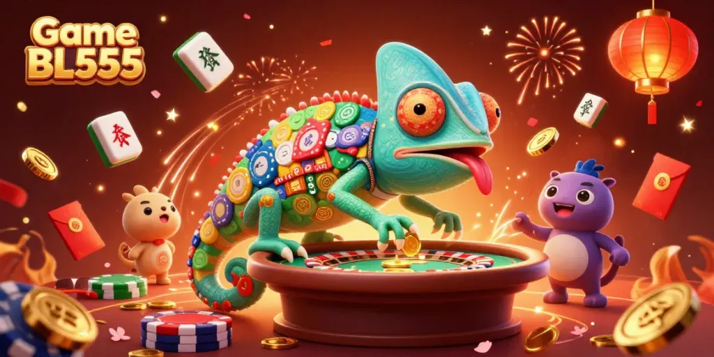 Experience thrilling gaming with Game BL555 featuring lively characters in a vibrant casino setting.