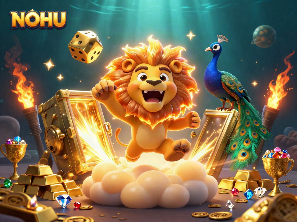 Engage in thrilling NOHU adventure with a vibrant lion character amidst luxurious casino treasures.
