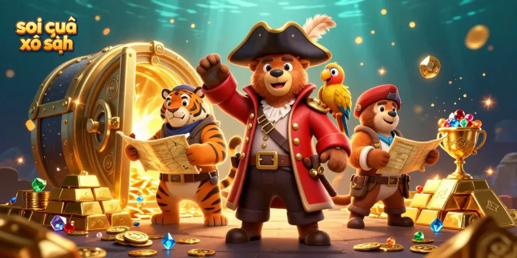 Engage with soi cầu xổ số strategies through a vibrant pirate-themed illustration showcasing treasure and luck.