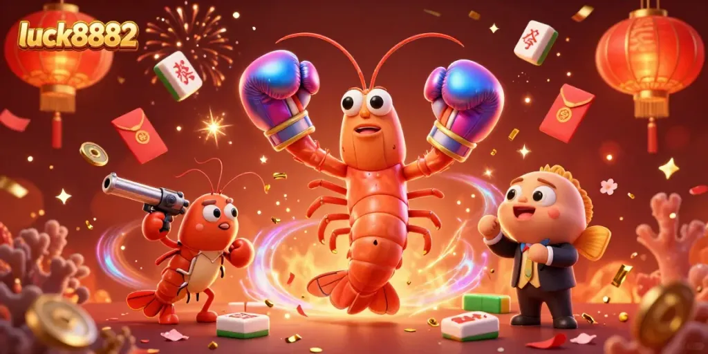 Experience immersive gaming with luck8882's vibrant 3D casino illustration featuring energetic underwater characters and festive elements.