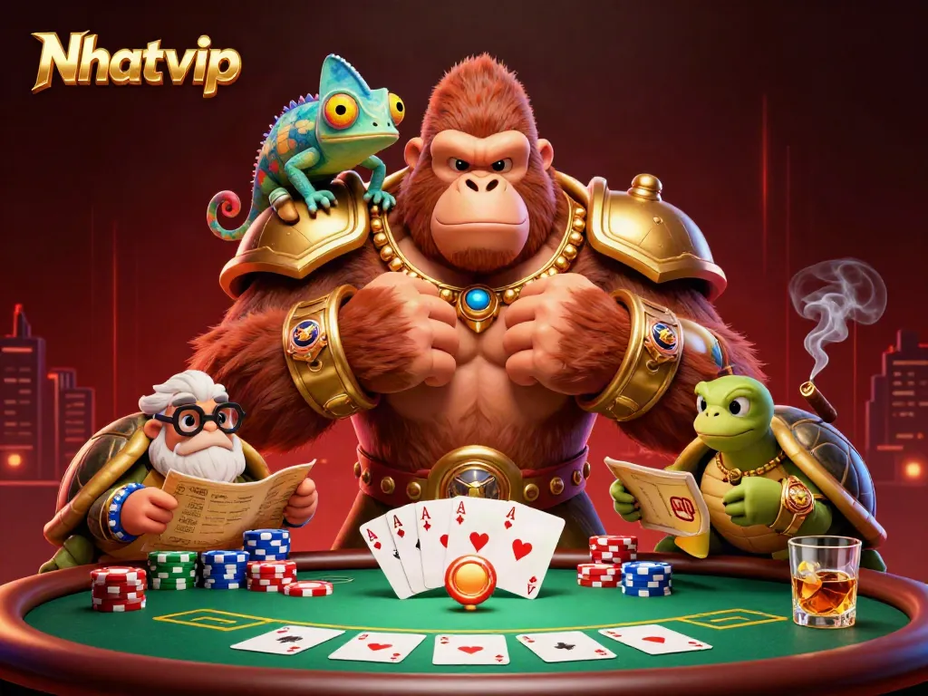 Nhatvip showcasing vibrant casino scene with gorilla king, chameleon, and wise tortoise.