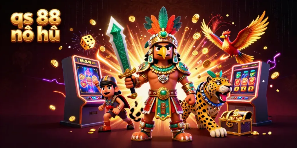 Win big with qs 88 nổ hũ in this vibrant slot machine scene featuring Aztec warriors and jackpot excitement.