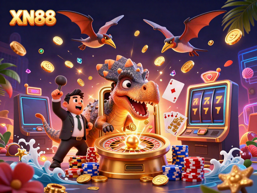 Experience the excitement of XN88 with jackpot-winning dinosaur scene, dynamic coins, and vibrant casino elements.