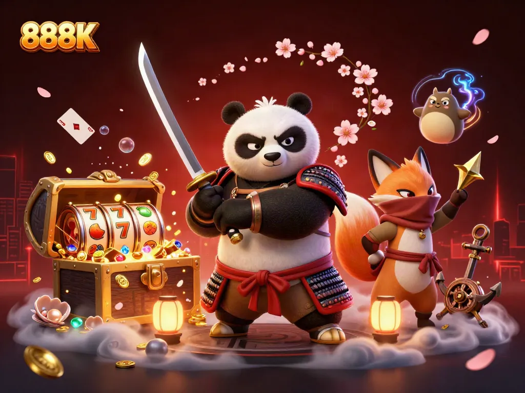 Experience the action of 888K with a vibrant scene featuring a samurai panda and ninja fox amidst slot reels and treasures.