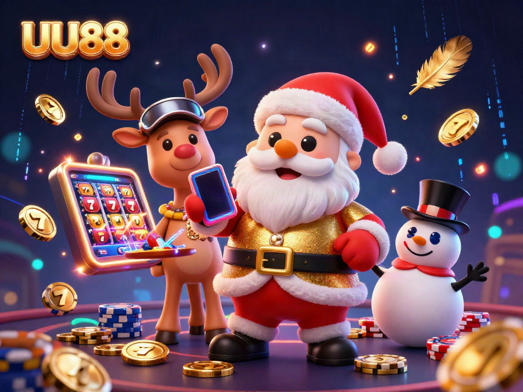 Engage in thrilling gameplay at UU88 with Santa, his reindeer dealer, and a chip-topped snowman in a vibrant casino scene.