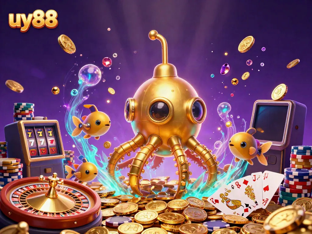 Engage with uy88 in this vibrant 3D casino scene featuring dynamic gaming elements and characters.