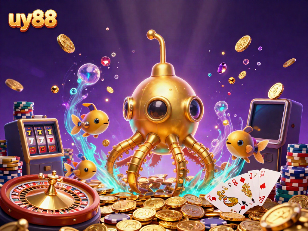 Engage with uy88 in this vibrant 3D casino scene featuring dynamic gaming elements and characters.