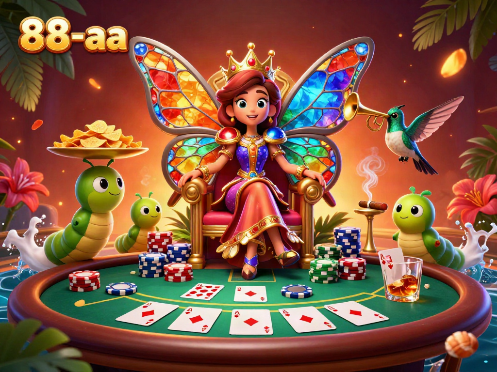 Engage in exciting gameplay at 88-aa with a vibrant butterfly queen and dynamic poker elements.