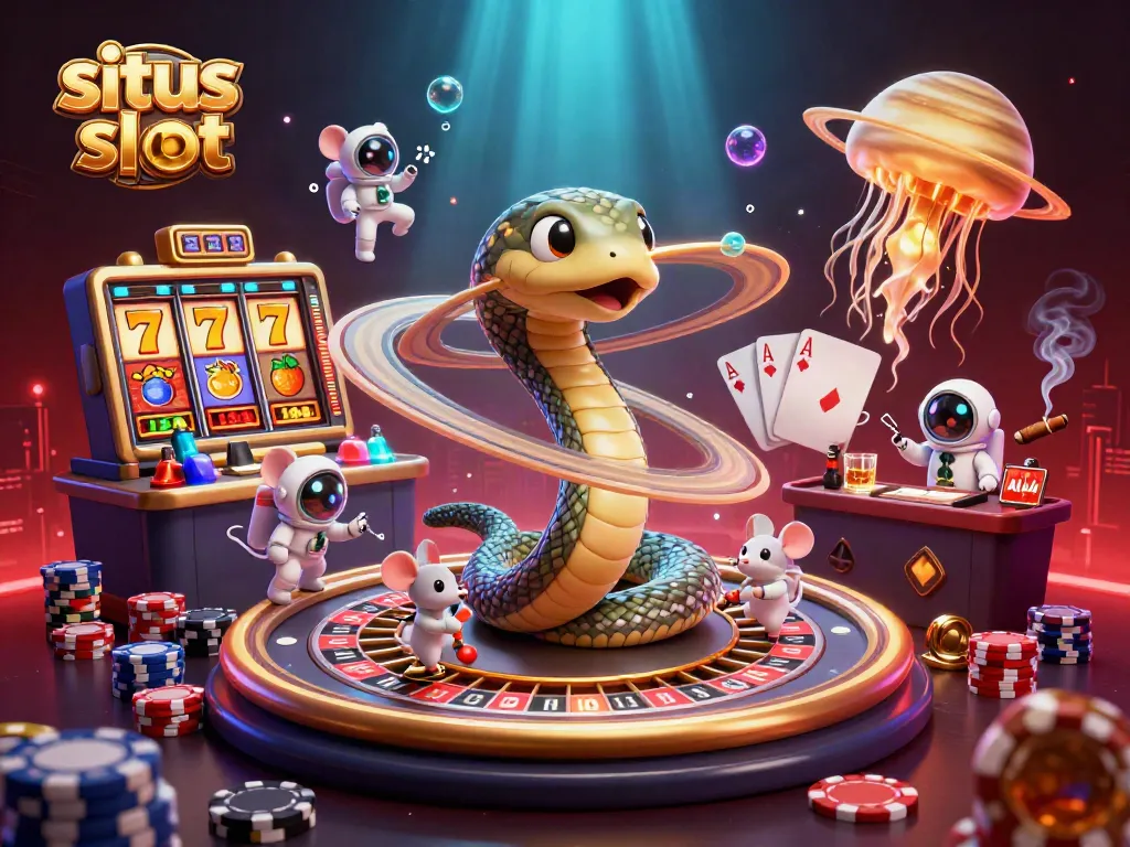 Engage in thrilling fun at situs slot with astronauts betting in a vibrant cosmic casino scene.