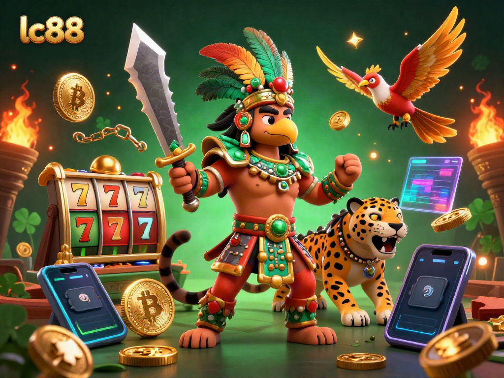 Engage in winning strategies at lc88 with a vibrant 3D casino scene featuring Aztec warriors.