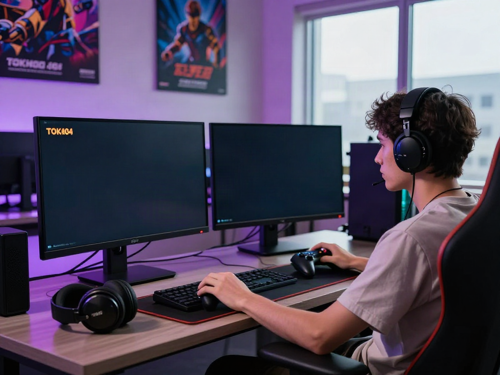 Engaged player exploring slot88 on the TOKYO404 gaming platform in a modern gaming setup.