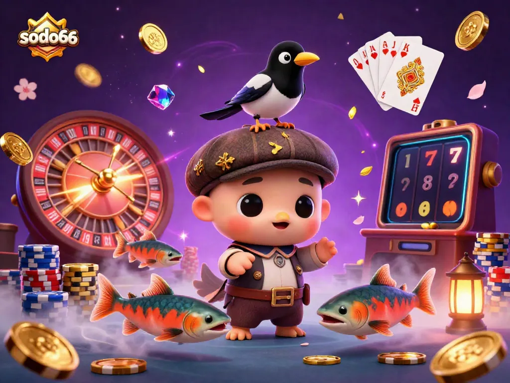 Sodo66's vibrant casino scene showcases the playful baby Nessie, gold coins, and exciting games.