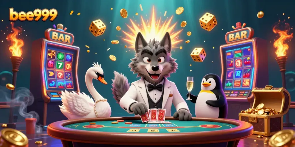 Experience thrilling baccarat gameplay at bee999 with luck, fun, and extravagant details in this illustration.