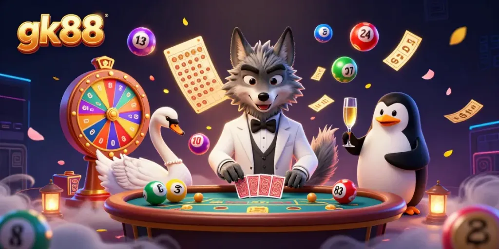 Engage in thrilling baccarat with gk88 characters, colorful elements, and elegant surroundings.