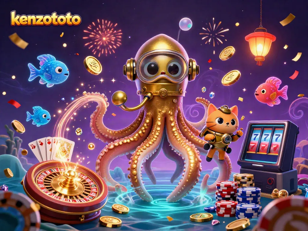 Experience thrilling winnings with kenzototo as a colossal kraken and diving cat celebrate among coins and poker chips.