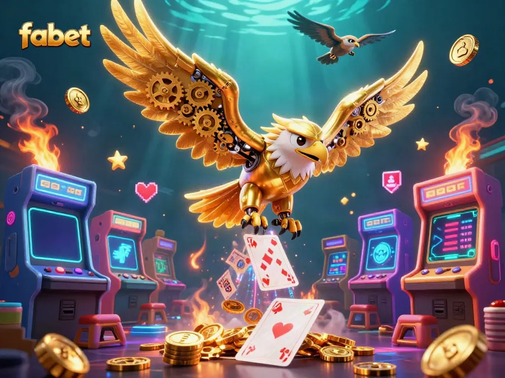 Experience the excitement of fabet as the cybernetic golden eagle dives through holographic cards in a vibrant casino scene.