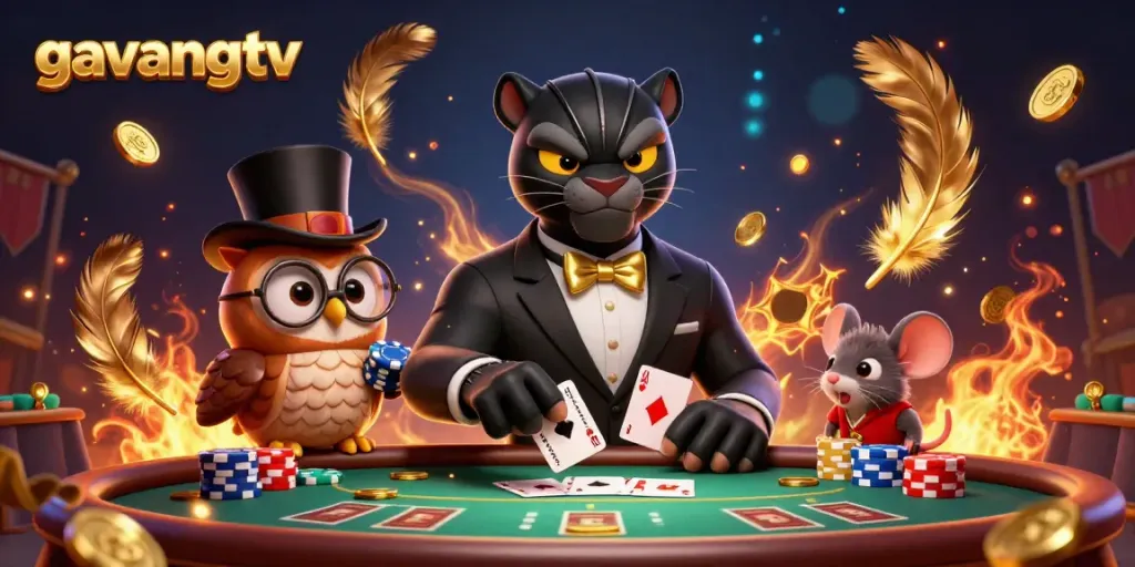 Experience the excitement of gambling with gavangtv in this lively poker scene featuring cartoon characters.