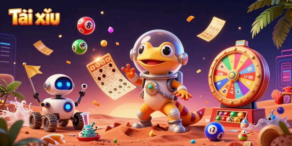 Engage in Tài xỉu excitement, illustrated with a Martian gecko in a casino discovery scene.