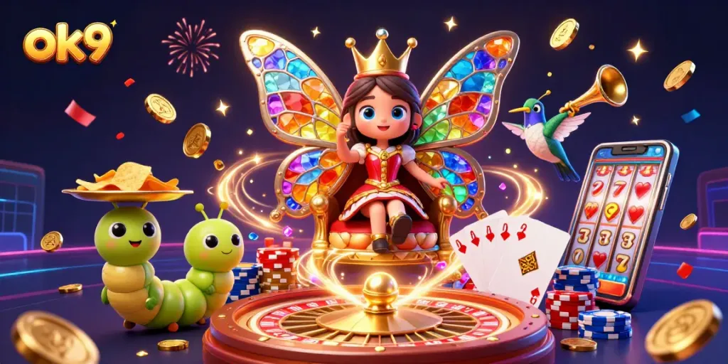 Win big with ok9 in this vibrant casino illustration featuring a butterfly queen and dazzling elements.