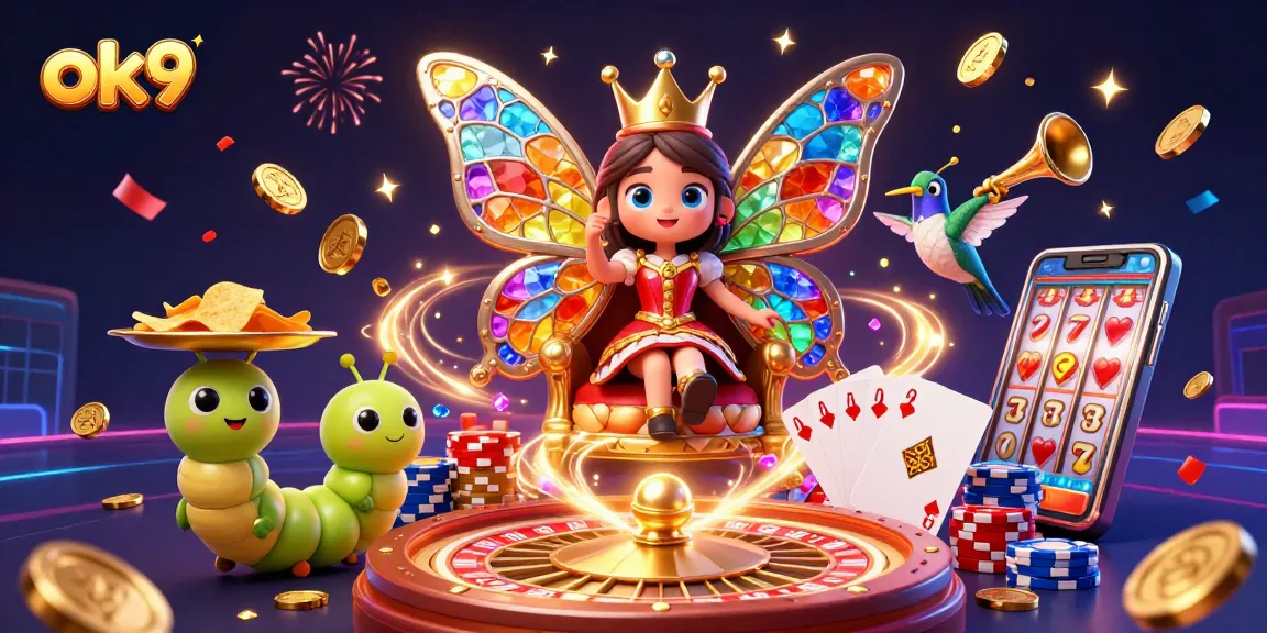 Win big with ok9 in this vibrant casino illustration featuring a butterfly queen and dazzling elements.