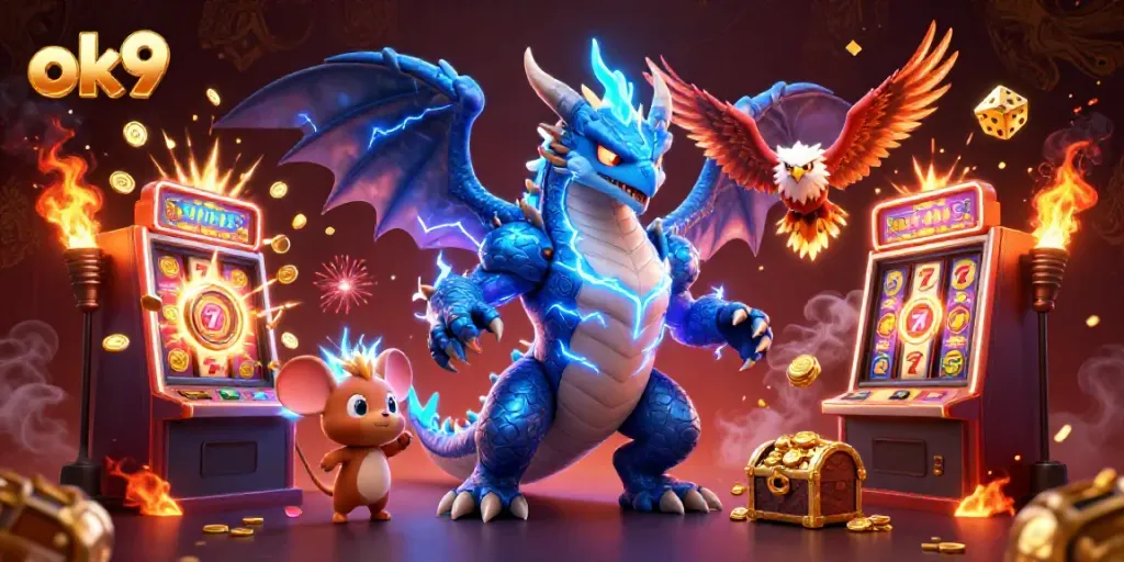 Experience thrilling jackpots with ok9 in this vibrant 3D casino scene filled with dynamic elements.