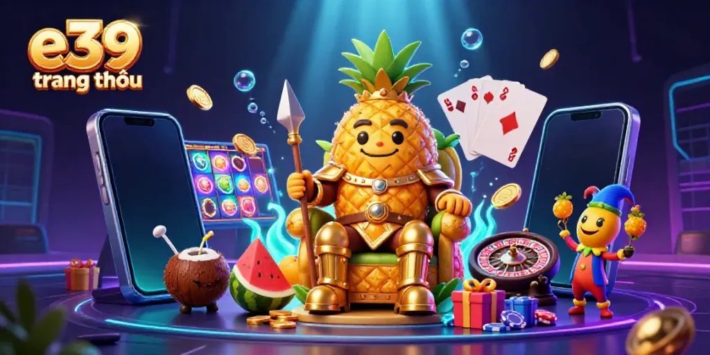 Engage with e39 trang chủ in this vibrant casino scene featuring a golden pineapple king and fun game elements.