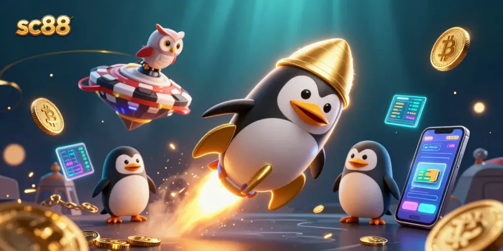 Sc88 the golden powered penguin flies towards a poker chip casino, surrounded by crypto coins and dynamic elements.
