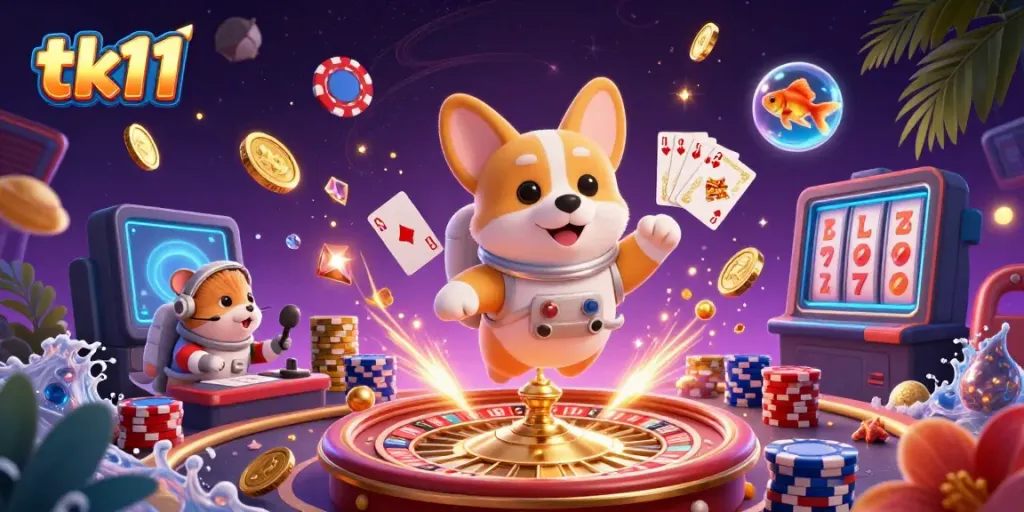 An astronaut corgi engages in casino games amid drifting poker chips and coins, embodying tk11's playful spirit.