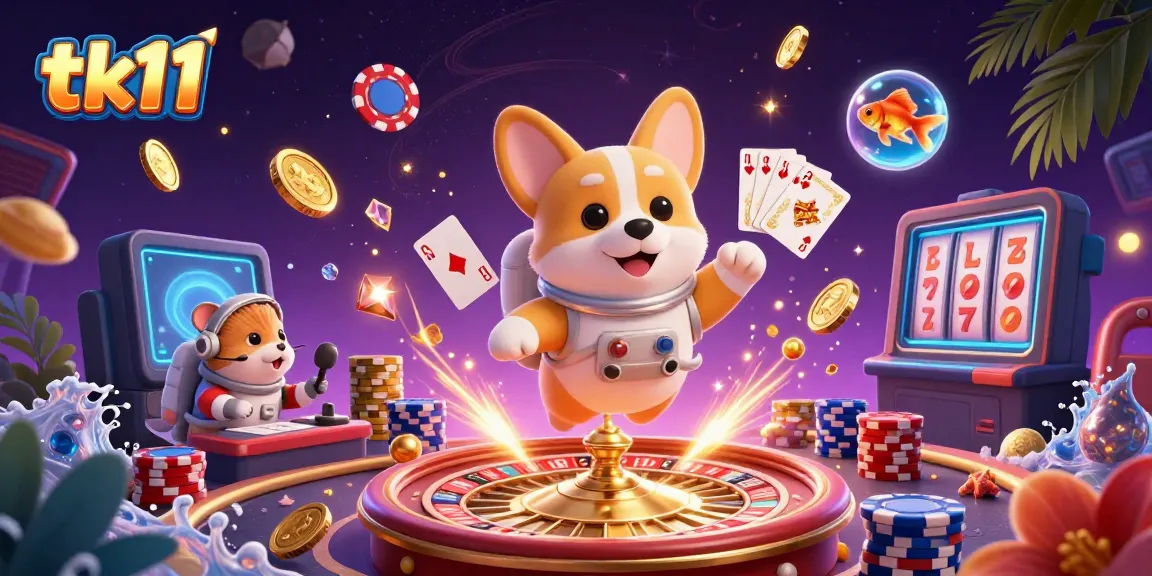 An astronaut corgi engages in casino games amid drifting poker chips and coins, embodying tk11's playful spirit.