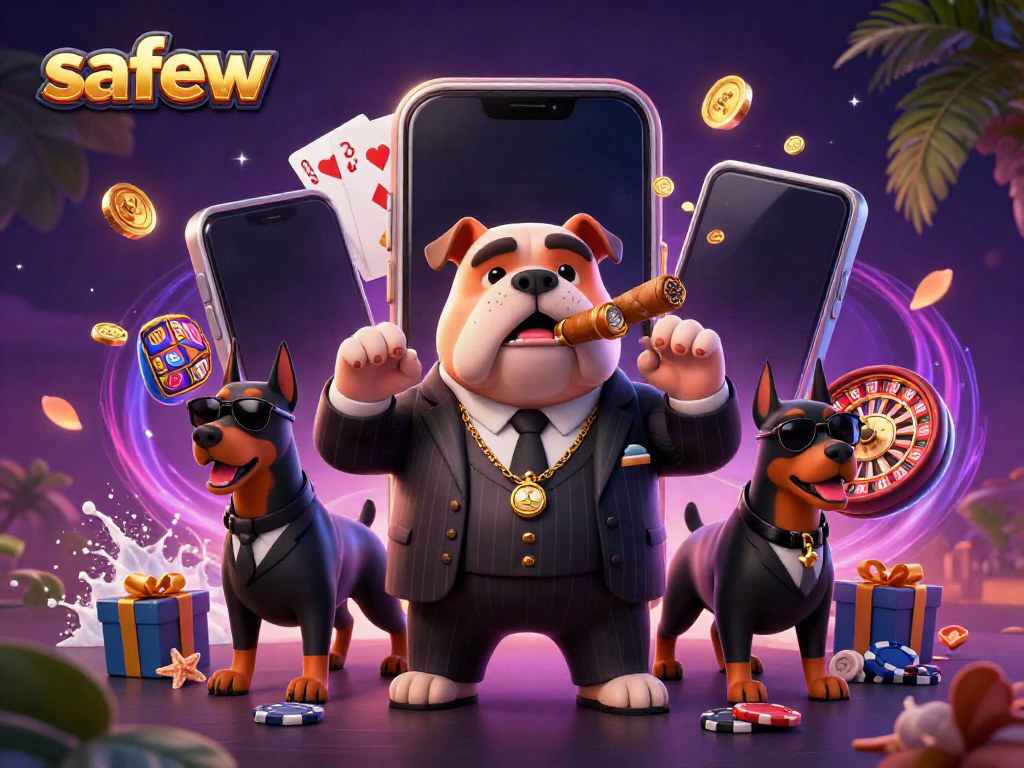 Experience thrilling games with the safew app, featuring a mafia boss bulldog and poker elements.