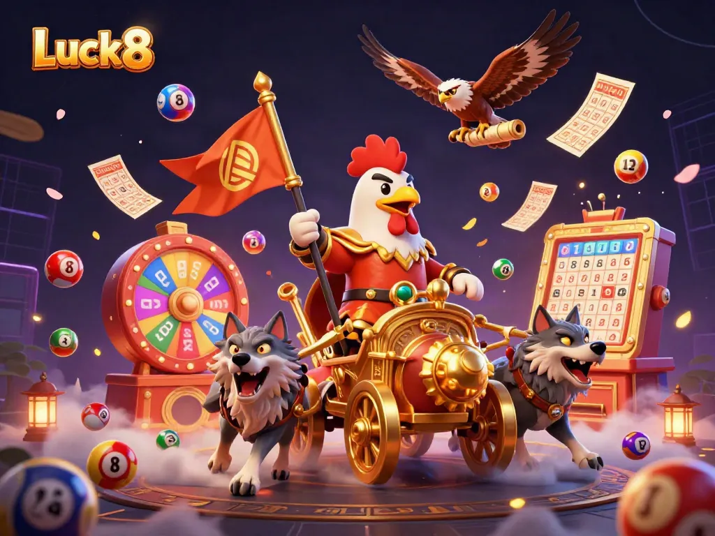 Experience the thrilling world of Luck8 with a vibrant illustration of a rooster warlord and dynamic game elements.