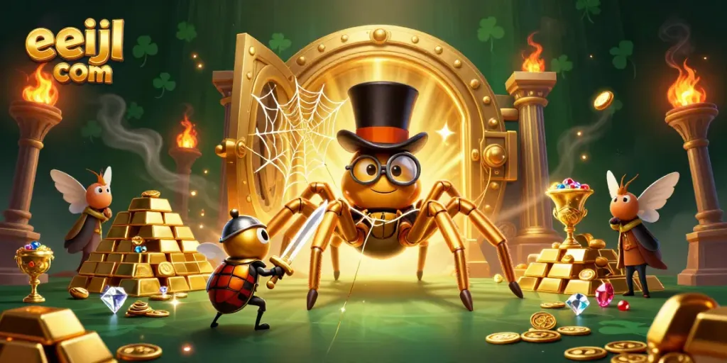 This captivating eejl com illustration depicts a giant golden tarantula weaving in a vibrant casino scene.