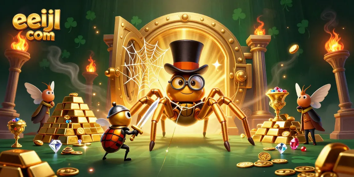 This captivating eejl com illustration depicts a giant golden tarantula weaving in a vibrant casino scene.