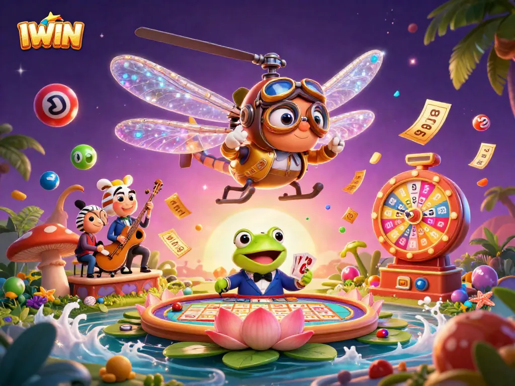 IWIN showcases a lively casino scene with a dragonfly pilot and a frog croupier dealing cards amidst colorful lottery elements.