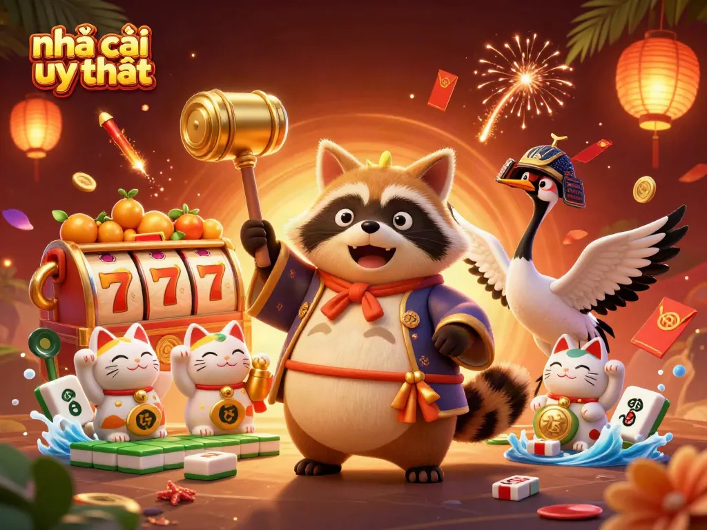 Engage with the best nhà cái uy tín in this vibrant 3D illustration showcasing lucky symbols and festive characters.