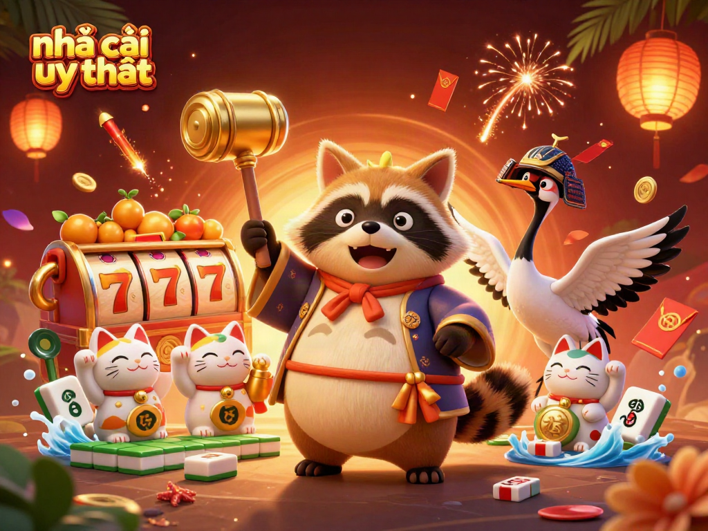 Engage with the best nhà cái uy tín in this vibrant 3D illustration showcasing lucky symbols and festive characters.