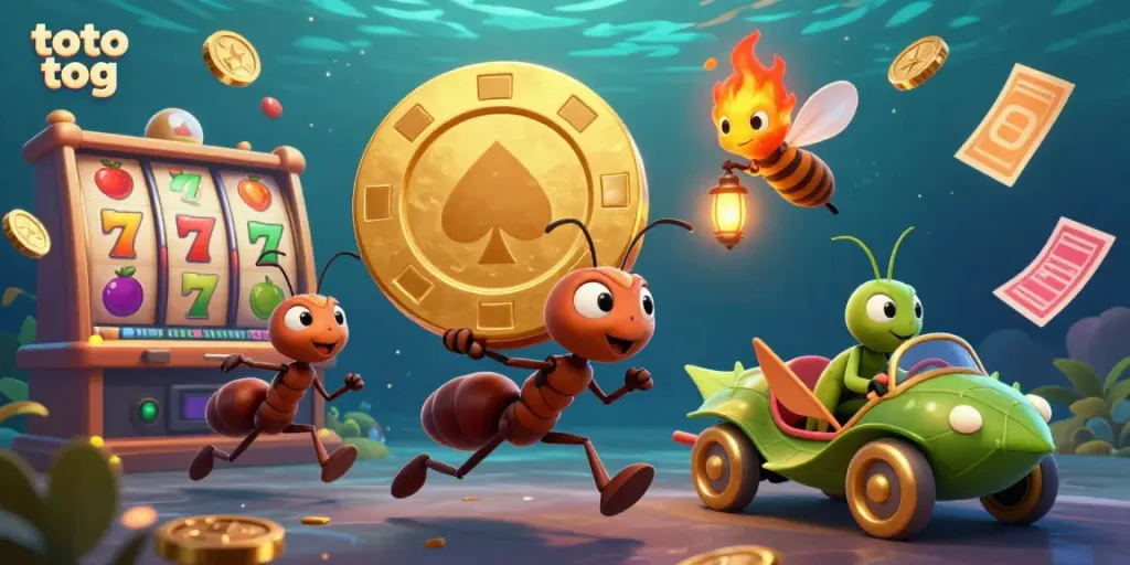 Watch ants steal a giant poker chip in a vibrant slot game scene featuring toto tog elements.
