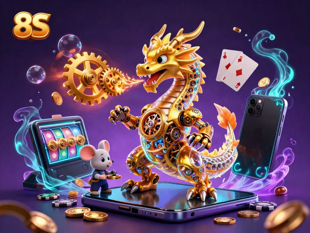 Experience thrilling gameplay with 8S in a vibrant 3D cartoon casino scene filled with immersive elements.