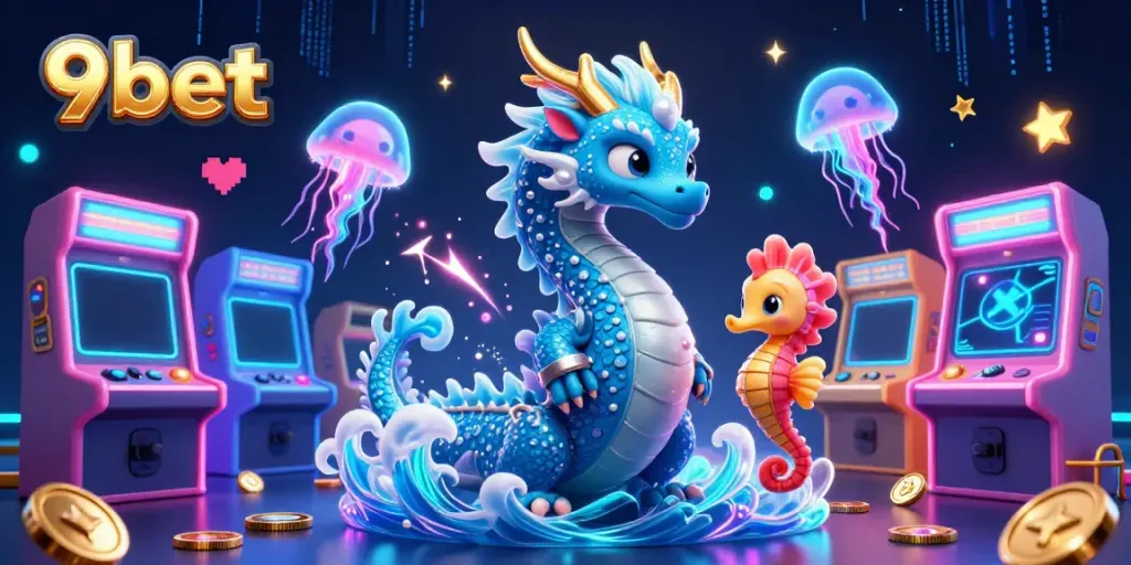 Engage with 9bet's colorful gaming universe featuring a dragon, seahorse knight, and neon jellyfish.