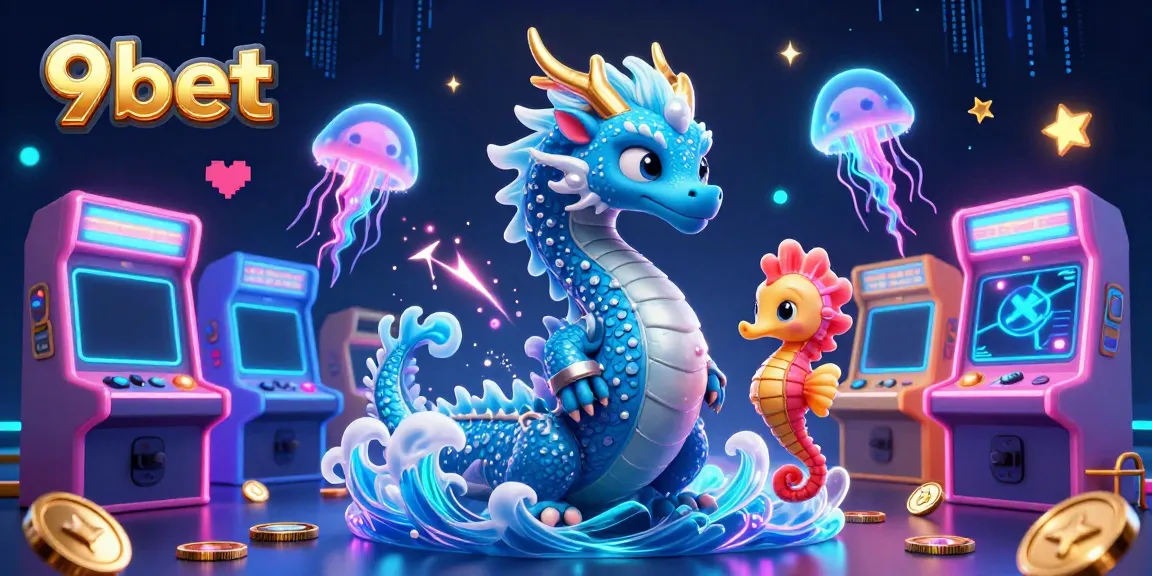 Engage with 9bet's colorful gaming universe featuring a dragon, seahorse knight, and neon jellyfish.