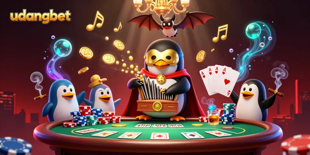 Experience the thrill of udangbet with a dynamic casino scene featuring vibrant game elements and captivating characters.