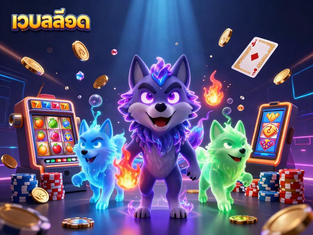 Spin the reels on เว็บสล็อต with a powerful wolf leader amidst cascading coins and vibrant jackpots.
