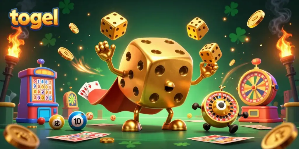 Permainan togel menarik dengan karakter golem dadu emas, mesin lotere, dan elemen mengkilap lainnya.