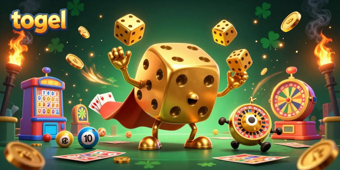 Permainan togel menarik dengan karakter golem dadu emas, mesin lotere, dan elemen mengkilap lainnya.
